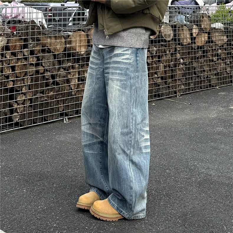 2026美式复古水洗做旧猫须阔腿弯刀牛仔裤男女新款小众通勤长裤,男装牛仔裤,星座506A