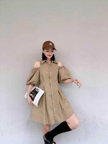 韩版漏肩泡泡袖连衣裙，女装连衣裙，玩美