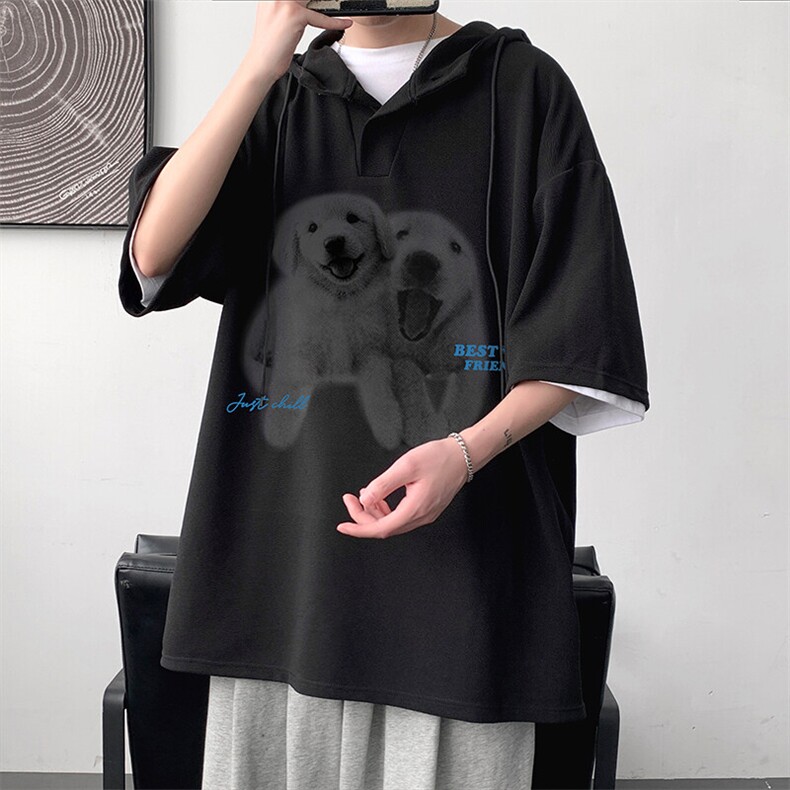 LD54455-P45连帽短袖t恤男大码胖子带帽五分袖中袖,男装T恤,电商A040