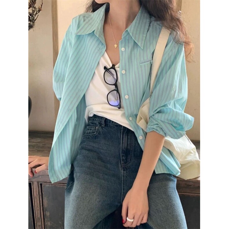 TC580-P45条纹长袖防晒衬衫上衣女2026春夏秋季新款宽松衬衣，女装衬衫，星座617A-2