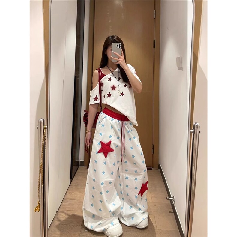 美式星星休闲裤女新款宽松显瘦百搭轻薄阔腿裤,女装休闲裤,星座1210-1