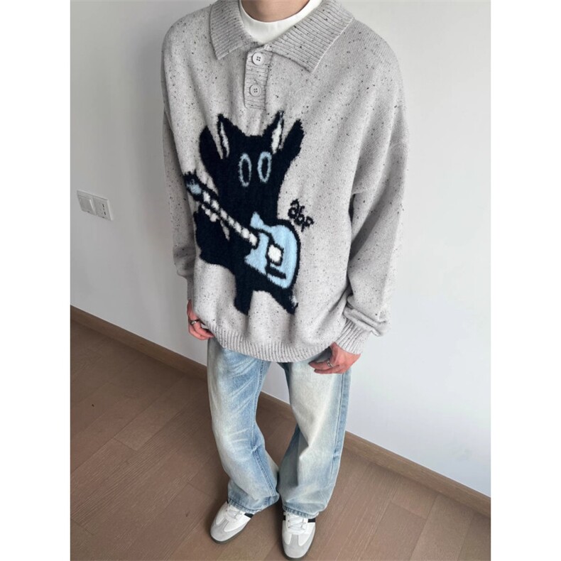 美式复古猫咪提花polo领毛衣男秋冬季宽松休闲针织衫潮流MY9568，男装针织衫/毛衣，星座208-5