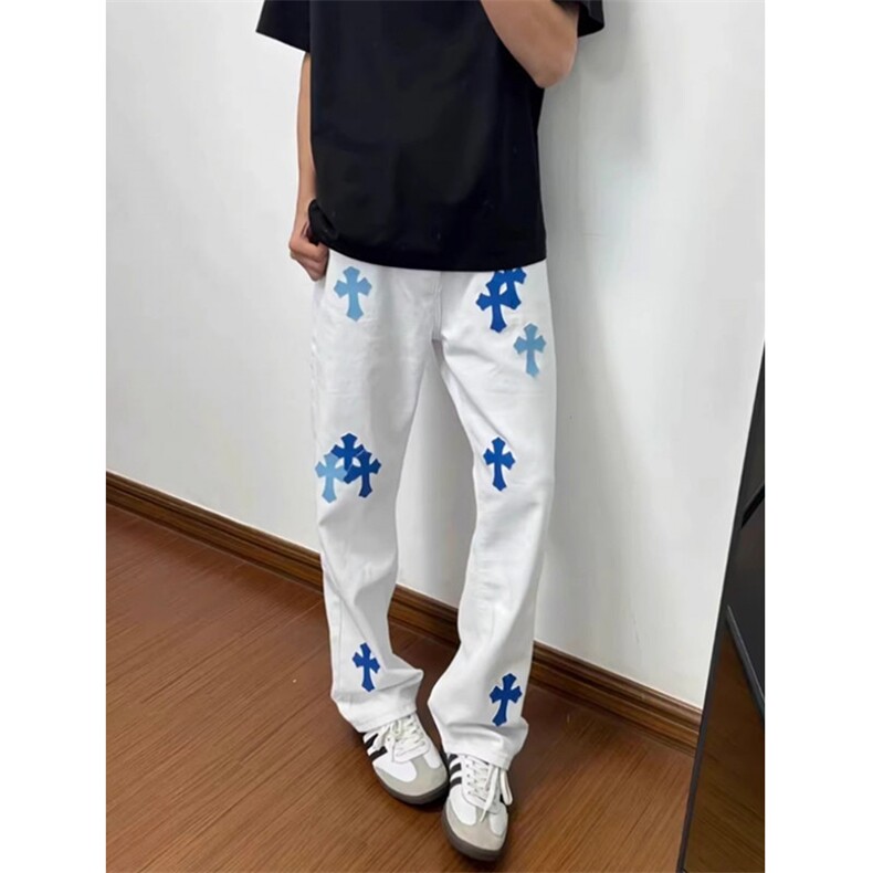 网红复古刺绣经典贴皮十字架白色牛仔裤男女宽松直筒长裤K32,男装皮裤,星座1116A（原606A-3）
