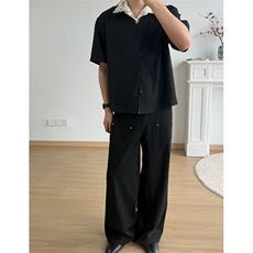 美式复古花领假两件短袖衬衫男款夏季痞帅高级设计感冰丝衬衣外套，男装T恤，星座601-1
