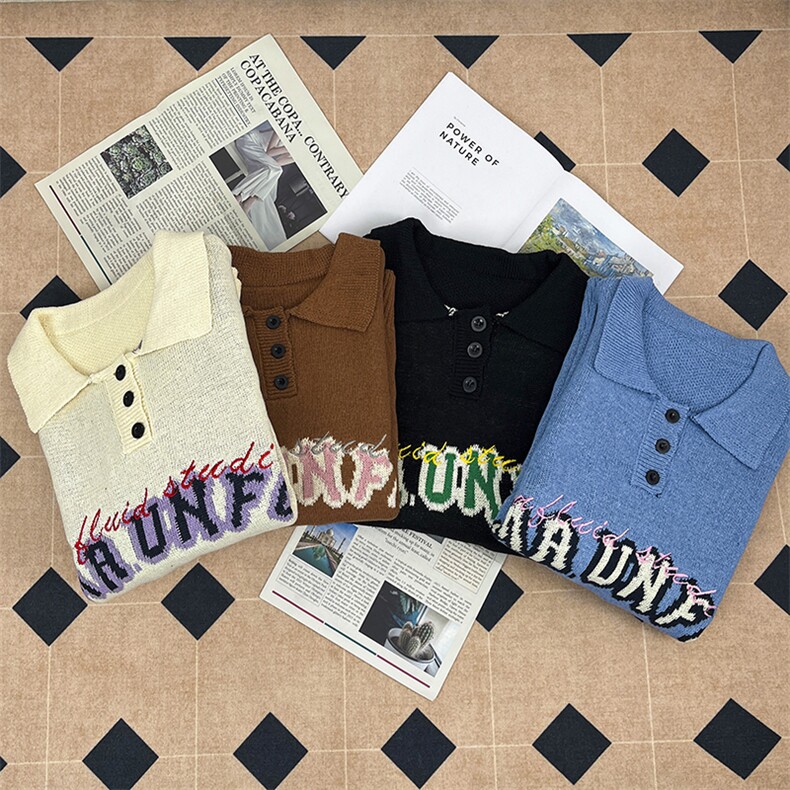 港风秋款男Polo领毛衣字母刺绣印花针织衫宽松线衣外套M712P45,男装针织衫/毛衣,星座1013-1