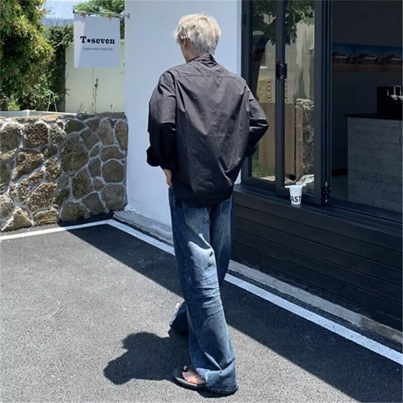 潮流气质新款百搭原宿冰丝假二件长袖衬衫流行文艺简约慵懒ins,男装衬衫,星座506A