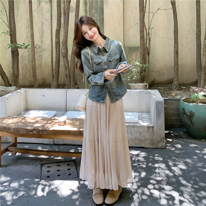 港风复古牛仔外套套装女2025秋季新款小众设计感高腰半身裙两件套图片