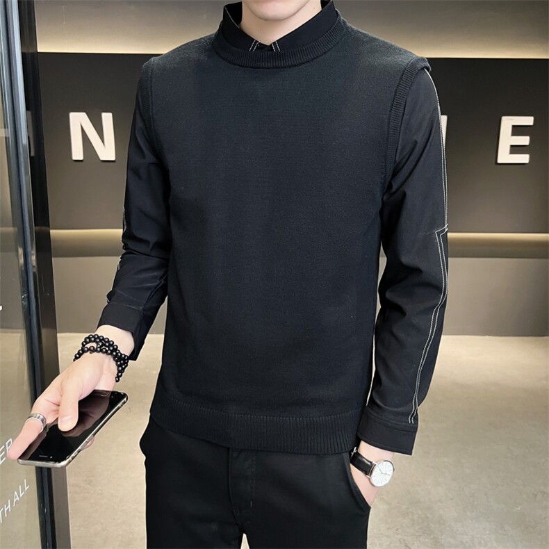 2024秋季新款 大众修身衬衣袖假两件针织毛衣打底衫男M2301-p75图片