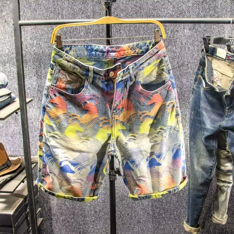 美式高街提花牛仔短裤男夏季新款潮牌个性痞帅五分裤宽松直筒中裤，男装牛仔裤，星座506A