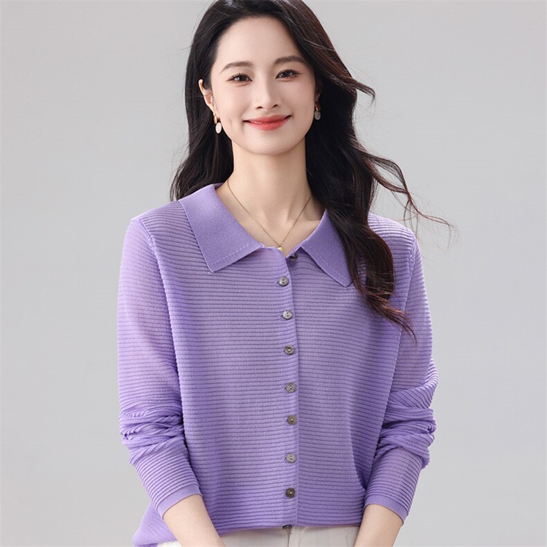 春夏新款长袖针织开衫女装纯色POLO领气质宽松百搭防晒上衣,针织衫/毛衣,秋虹羊绒