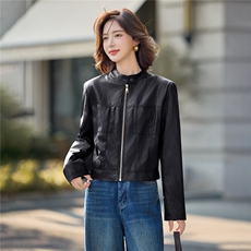 时尚机车范立领皮衣短外套女2025秋季新款修身显瘦小个子夹克上衣，女装皮衣，沁沁公主