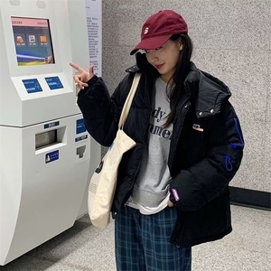 克莱因蓝冬季面包服宽松保暖设计感连帽棉袄中性情侣学院风潮图片