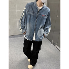 得物品质秋款男立领牛仔夹克衫条纹贴标宽松休闲外套JK706P80，男装夹克，星座1013-1