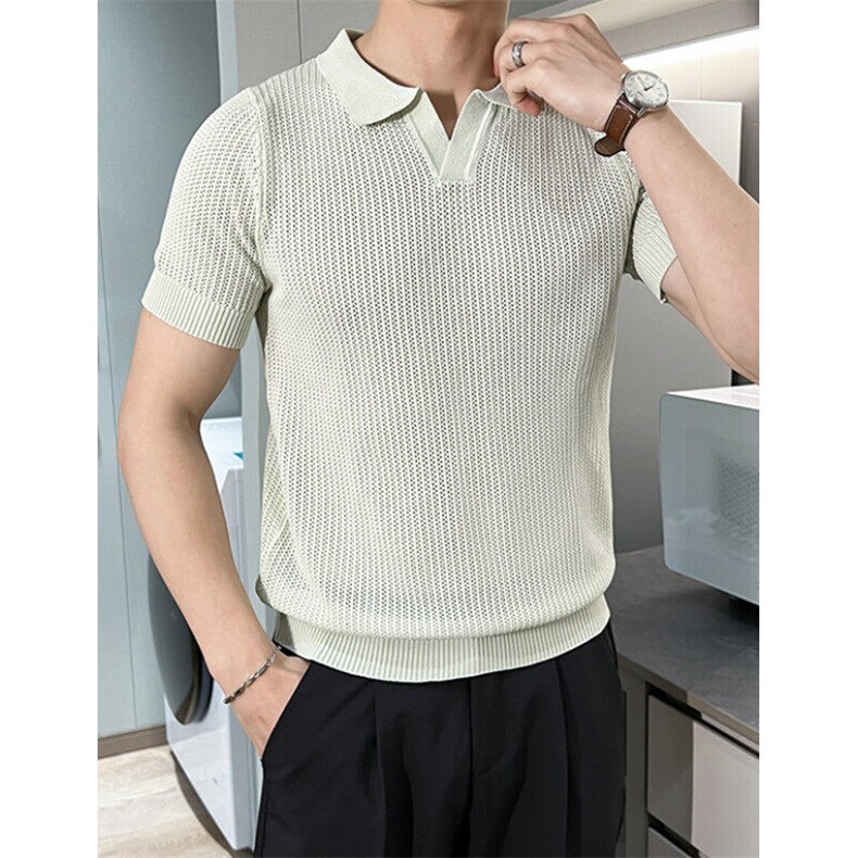 夏季薄款针织翻领polo衫男商务通勤休闲显瘦修身半袖上衣M899，男装Polo衫，星座1116A-2（原606A-1）