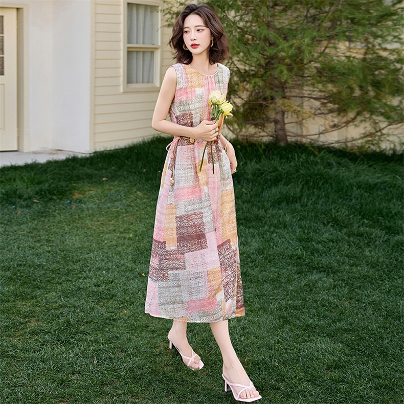 桔梗法式印花天丝连衣裙女2025夏季新款漂亮气质超好看无袖背心裙,女装连衣裙,魅丽静蓝