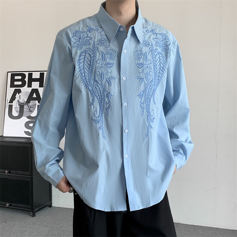 春装蓝色刺绣潮牌演出衬衫痞帅男女长袖衬衫外套表演衬衣宽松外套,男装衬衫,星座909