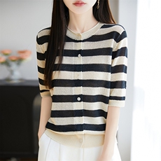 条纹天丝针织短袖开衫T恤女2025夏季新款宽松圆领薄百搭小衫上衣，女装蕾丝衫/雪纺衫，暖烁羊绒