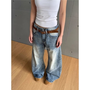 美式高街阔腿牛仔裤男女春秋新款高腰显瘦N1066-P55,女生穿皮裤的穿搭图片