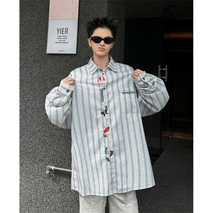 学院风刺绣条纹长袖衬衫男女日系复古设计感小众情侣衬衣CS22-P43