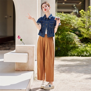 夏季新款牛仔短袖上衣+吊带+九分裤三件套显瘦套装图片