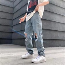 美式高街vibe破洞嘻哈牛仔裤男炸街直筒宽松阔腿长裤NK114P38图片