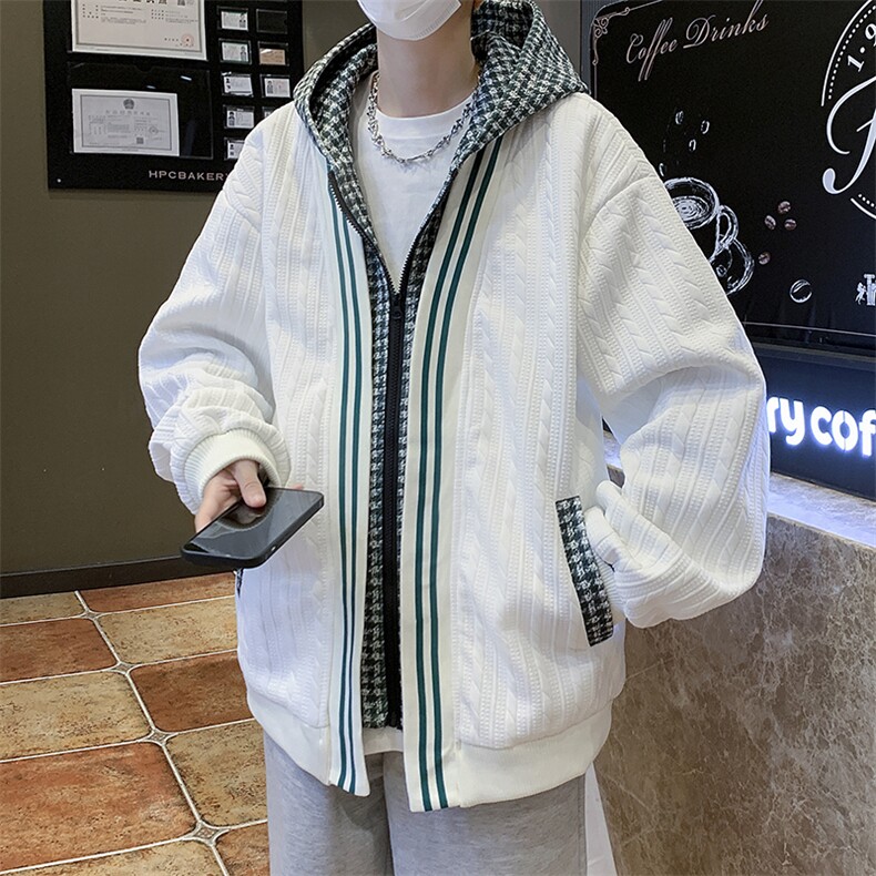 假两件外套男秋冬季潮流格子拼接夹克华夫格休闲衣服JK07356-P58,男装夹克,星座308B-1