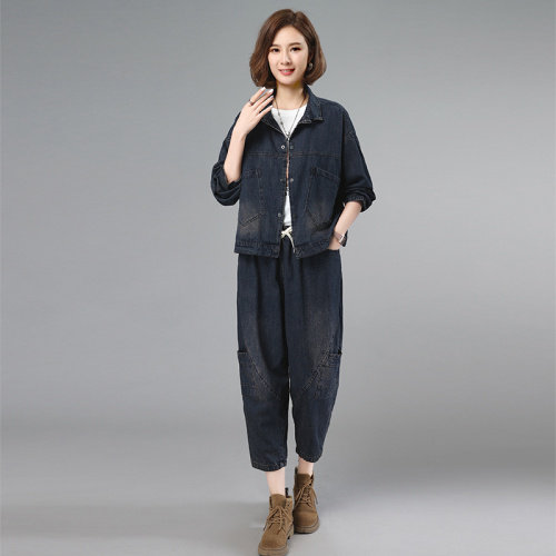 2021秋季新款时尚印花拼接水洗牛仔套装，女装套装/套裙，叶笙衣