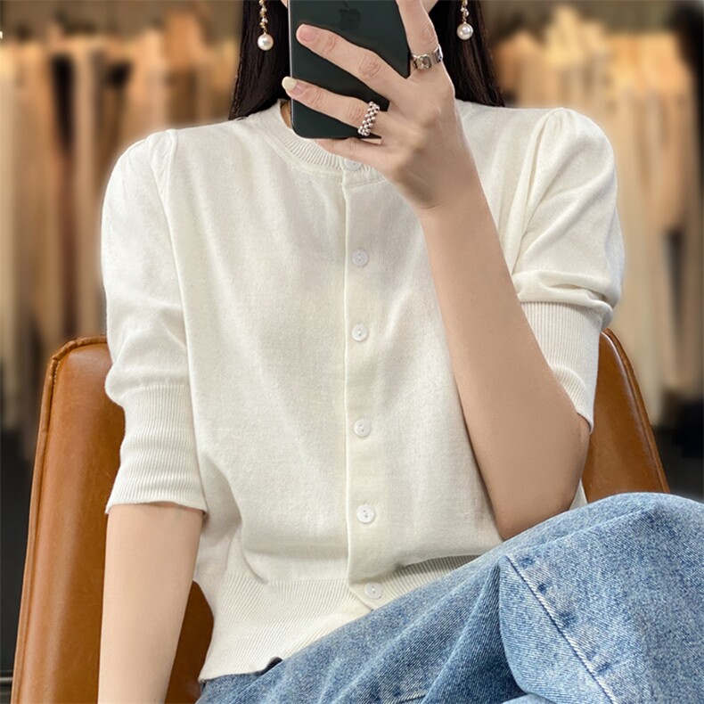 圆领100%纯棉针织开衫女春夏薄款五分袖空调衫上衣外搭棉外套小衫,女装T恤,鹿一羊绒