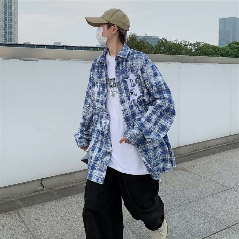 春季高街格子衬衫男长袖2025款美式潮牌衣服男士衬衣外套男生,男装衬衫,星座410-7