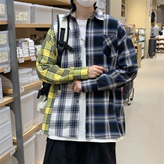 春秋季双色拼接格子衬衫男港风ins潮流宽松休闲衬衣W3840-P33，男装衬衫，星座512-2