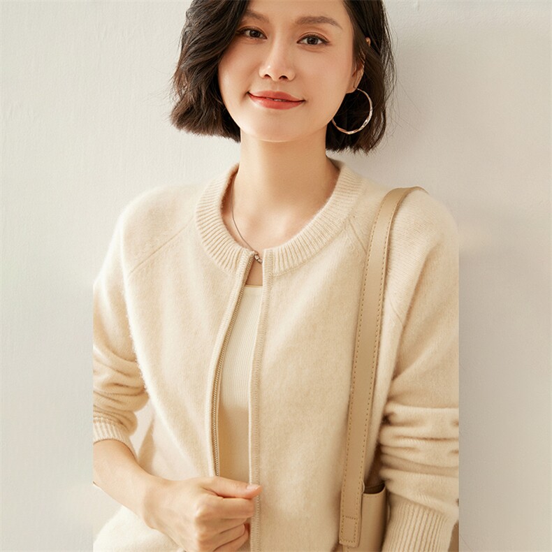 2024秋季新款圆领拉链开衫休闲舒适35%羊绒衫,女装羊绒衫,蚂蚁派对工厂直营店