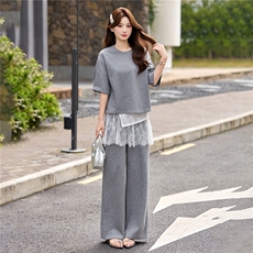 2026年夏季新款休闲圆领T屁帘阔腿裤三件套装，女装套装/套裙，艾仟回(原伊仟回)