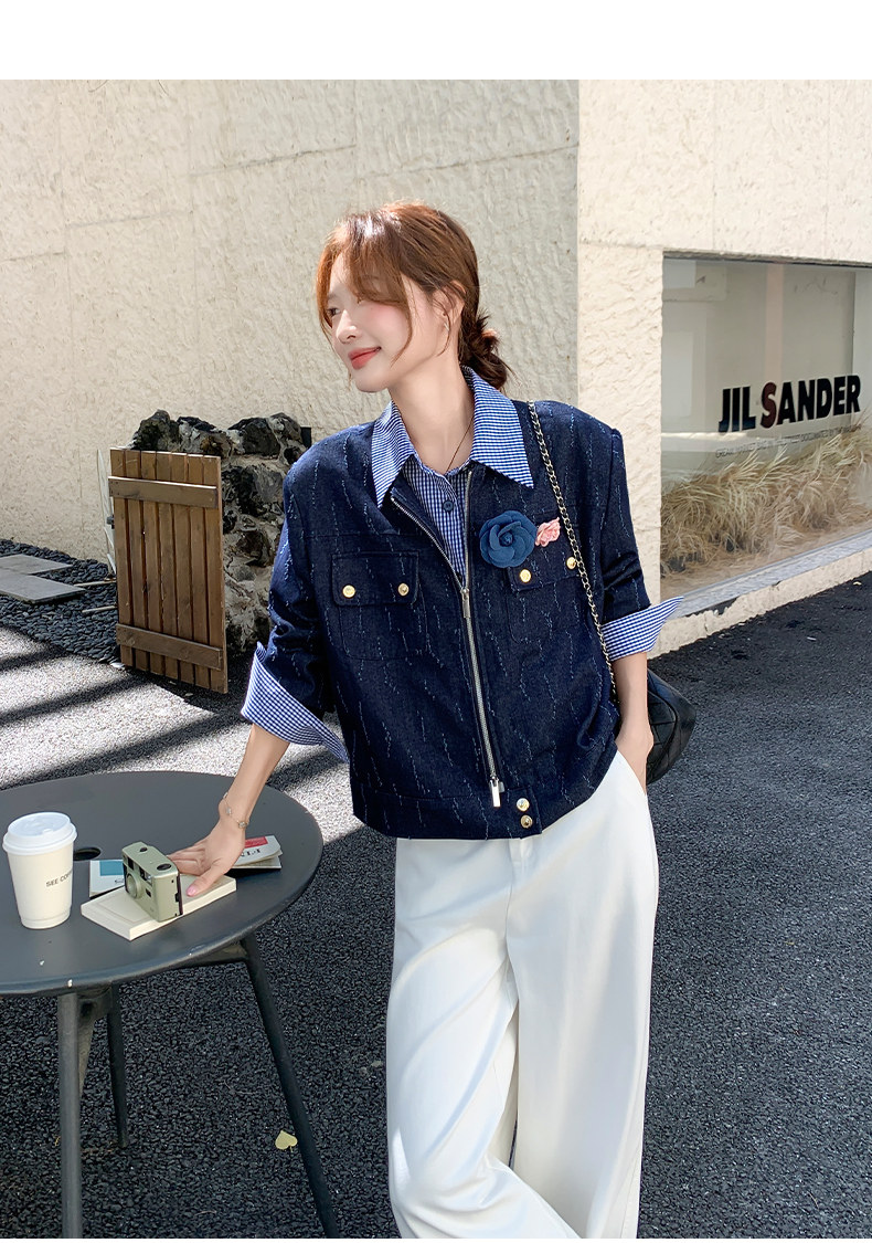 气质高级感短夹克深蓝色假两件衬衫领小香风外套女秋,女装短外套,浙宝238