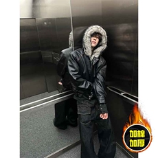 现货冬季美式潮牌痞帅PU皮机车服棉衣毛毛绒狼王座山雕皮棉服，男装棉衣，电商A443