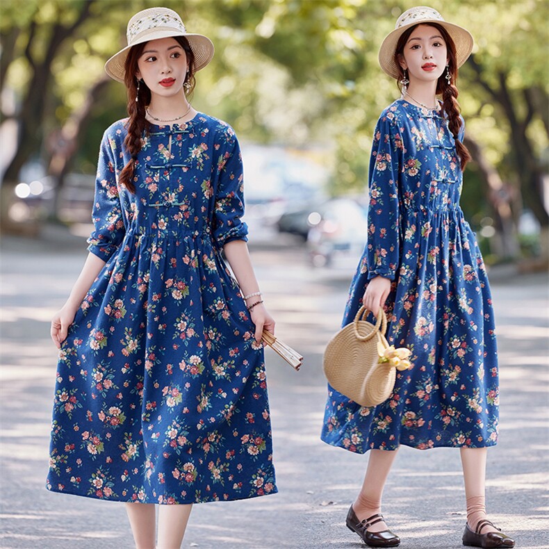 中式碎花连衣裙女装纯棉长袖2025年秋季新款高端大码显瘦棉麻裙子,商品下架区,水衣源