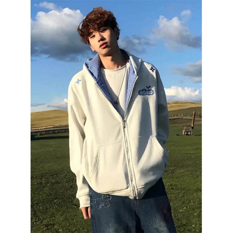 秋冬宽松格子拼接刺绣开衫拉链卫衣休闲夹克外套男WHT250,男装夹克,星座1116A（原606A-3）