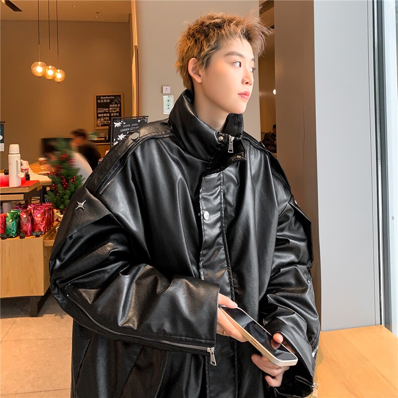 pu皮棉服男冬季美式复古高街派克服加厚设计感机车棉衣D337P138,男装皮衣,电商A335-1（原A458）