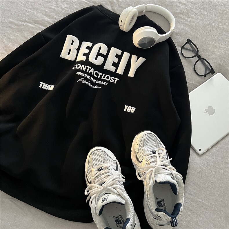 港风平铺美式复古发泡字母印花圆领宽松百搭卫衣外套男D323P48，女装短外套，电商A335-1（原A458）