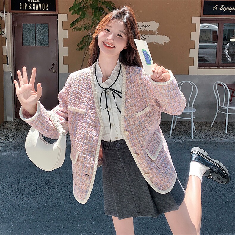 法式小香风外套女春秋2025甜美气质v领韩版名媛粉色精致高端上衣,女装毛呢外套,2C056