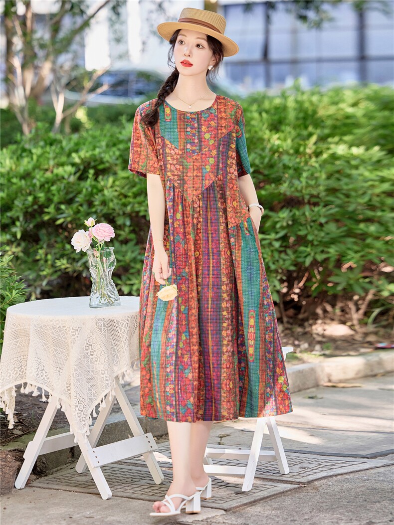 复古文艺碎花棉麻连衣裙女2026夏季宽松遮肚显瘦大码微胖直筒裙子,女装连衣裙,倪叶myz