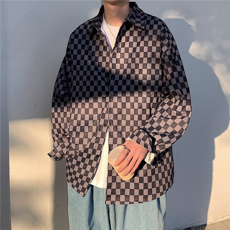 22格子衬衫男长袖宽松外套春秋港风宽松衬衣上衣DX167P45控58,男装衬衫,电商B413-1