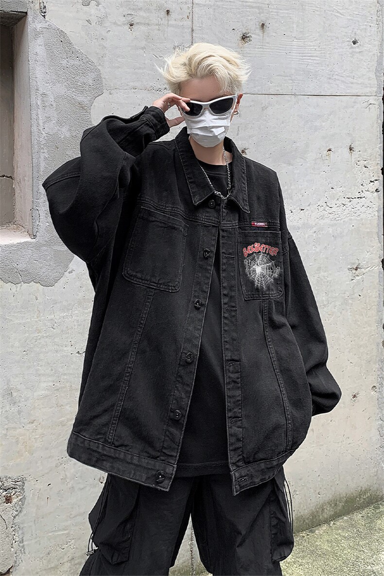 男装牛仔外套2026秋蜘蛛网字母印花男生翻领夹克XZ514-2-N101-P88,男装工装外套,星座514-2(原B239)