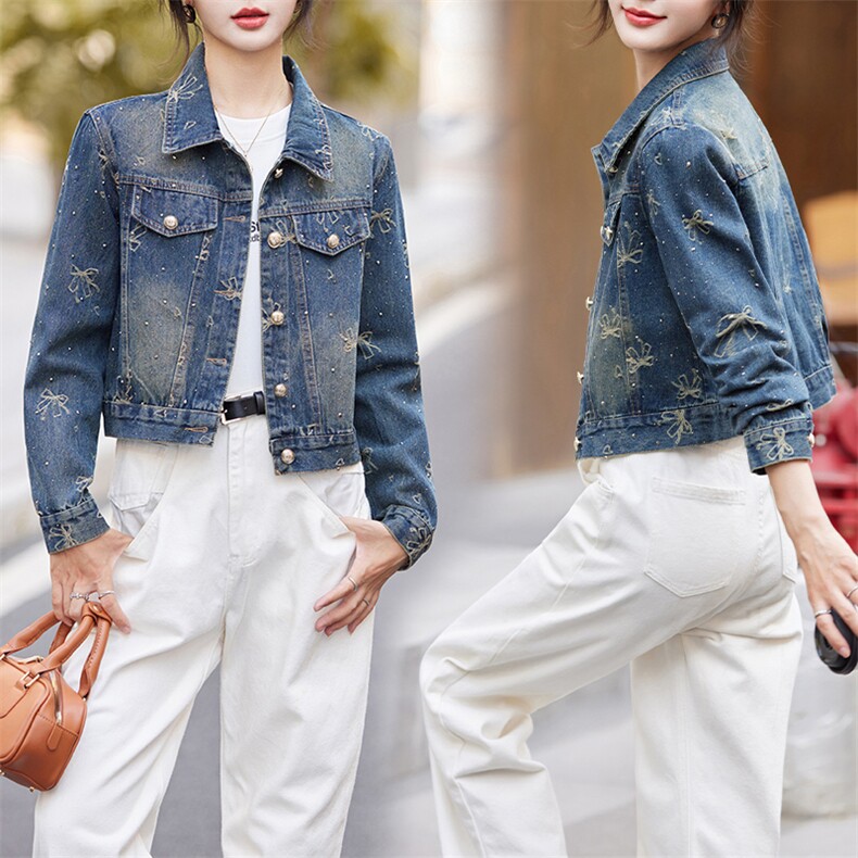 早秋新款牛仔外套女2024休闲韩版时尚刺绣蝴蝶结烫钻洋气百搭上衣，女装牛仔外套，潮流依族