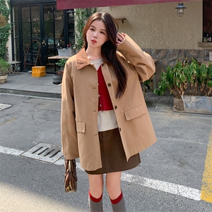 格子PU皮翻领拼接风衣外套女2025新款小个子今年流行休闲大衣图片