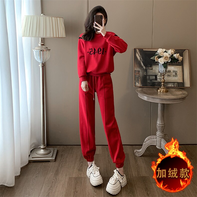 女秋冬新款红色圆领卫衣卫裤加绒两件套图片