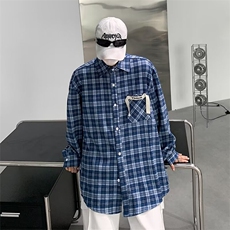 日系黑白格子长袖衬衫男小众复古港味宽松衬衣百搭外套HJ06/P40，男装衬衫，星座506