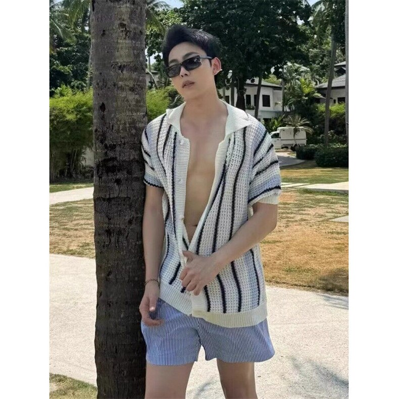 美式条纹镂空针织开衫男网眼透视短袖夏日海岛度假沙滩TZZ102,男装T恤,星座1116A（原606A-3）