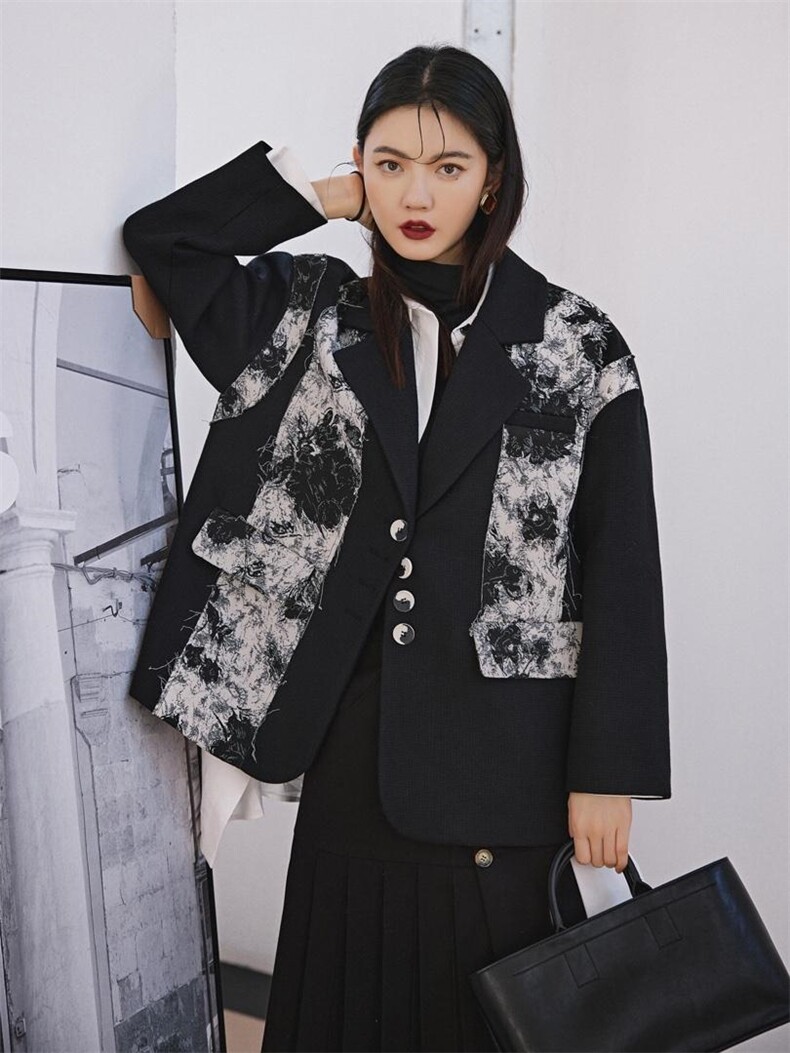黑色提花夹棉西装，女装西装，YOUER DENG