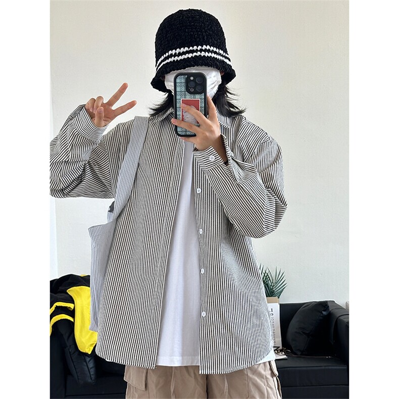 港风条纹衬衫宽松外套男女衬衣内搭衬衫CS017-P30,男装衬衫,星座301C-5