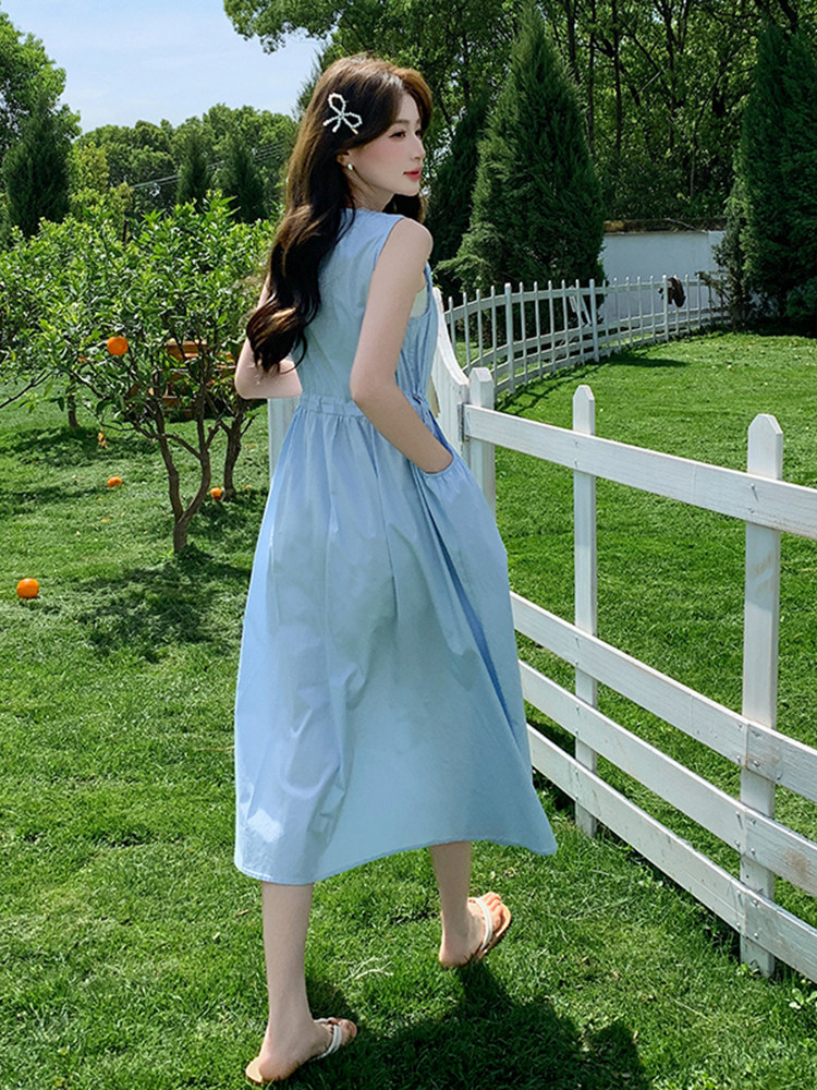 蓝色气质甜美小清新方领连衣裙女2025夏季新款盐系轻熟风显瘦长裙,女装连衣裙,浙宝220
